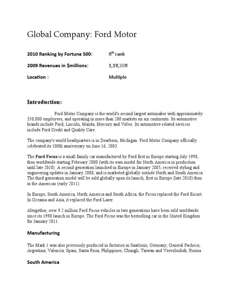 Global Company: Ford Motor: 2010 Ranking by Fortune 500: 2009 Revenues ...