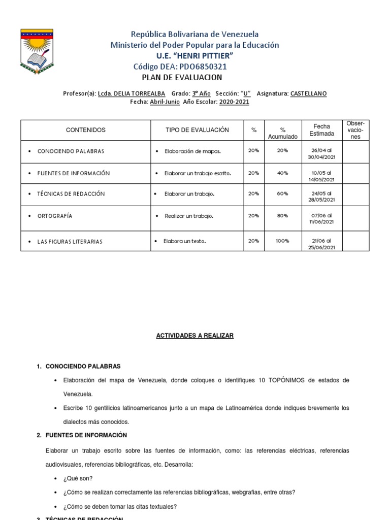 Plan de Evaluación Castellano 3er Año | PDF