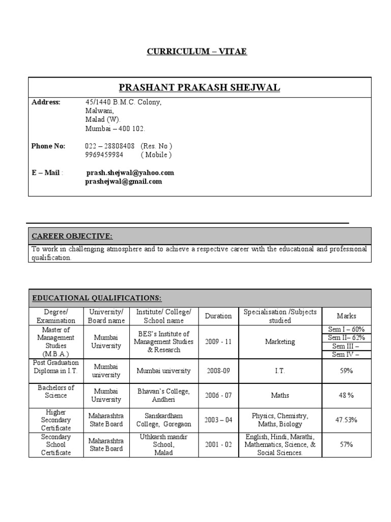Prashant CV | PDF | Mumbai | Educational Stages
