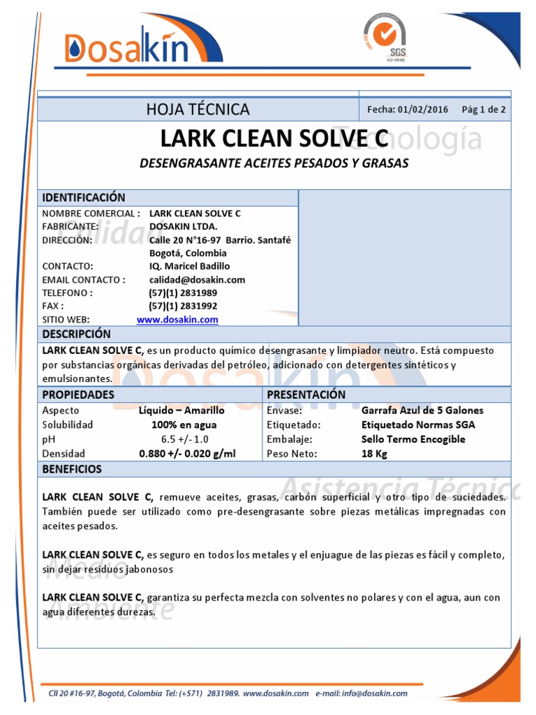 Desengrasante Lark Clean Solve C | PDF | Petróleo | Agua