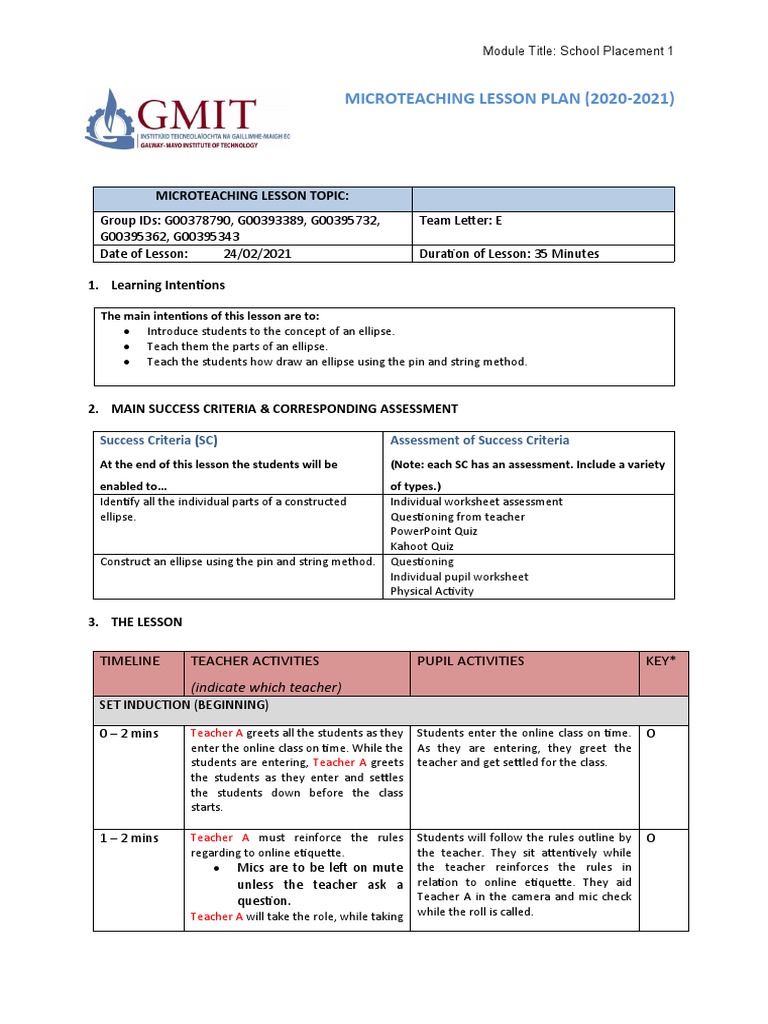 Microteaching Lesson Plan: Ellipses | PDF | Ellipse | Teachers