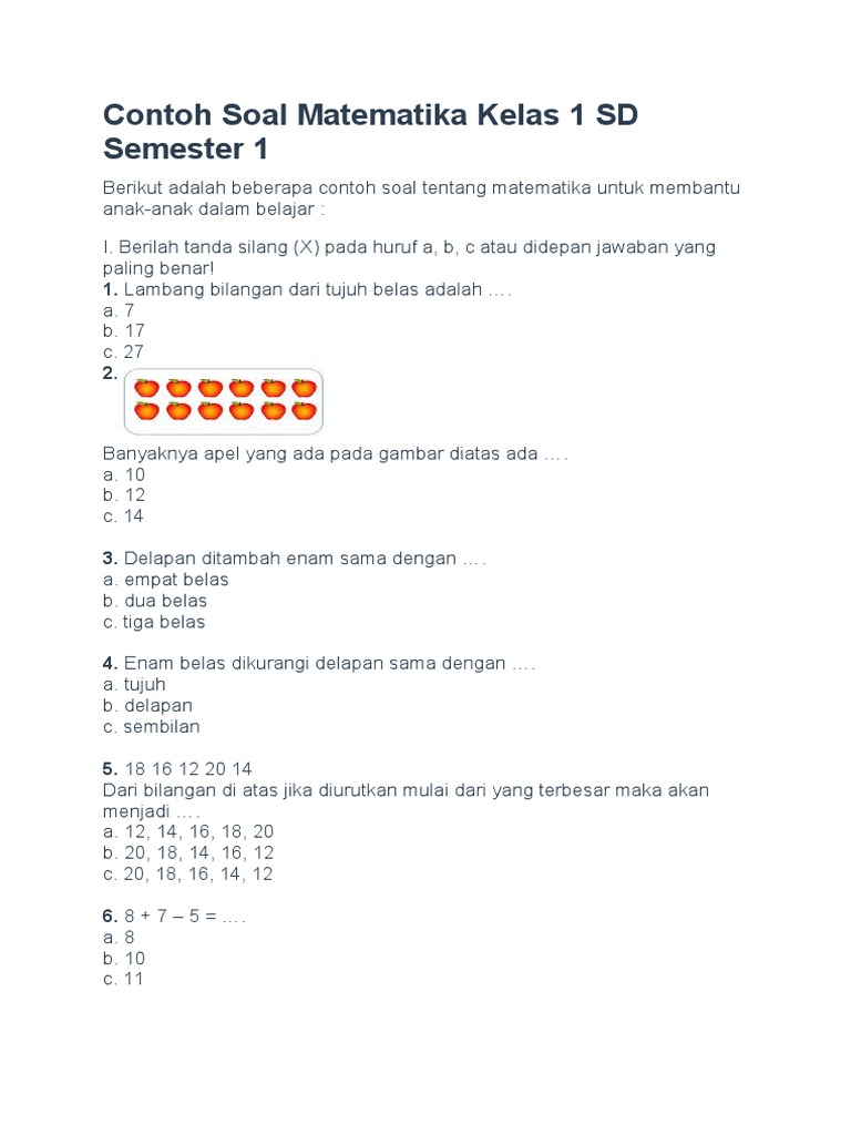 Contoh Soal Matematika Kelas 1 Sd Semester 1 Pdf