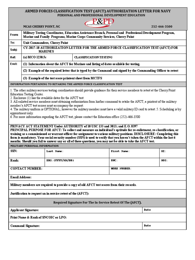 Armed Forces Classification Test (Afct) Authorization Letter For Navy