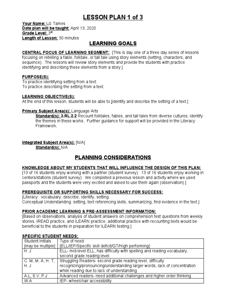 EdTPA Lesson Plan: Setting in Stories | PDF | Reading Comprehension ...