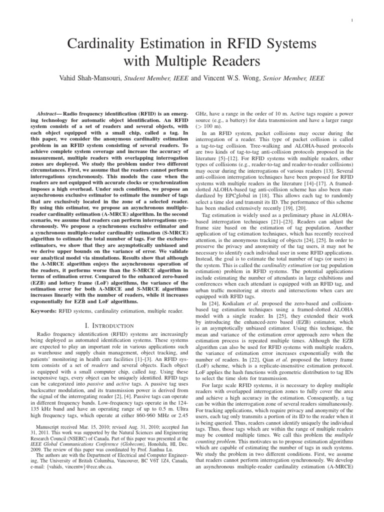 RFID Cardinality Estimation Algorithms | PDF | Estimator | Radio ...