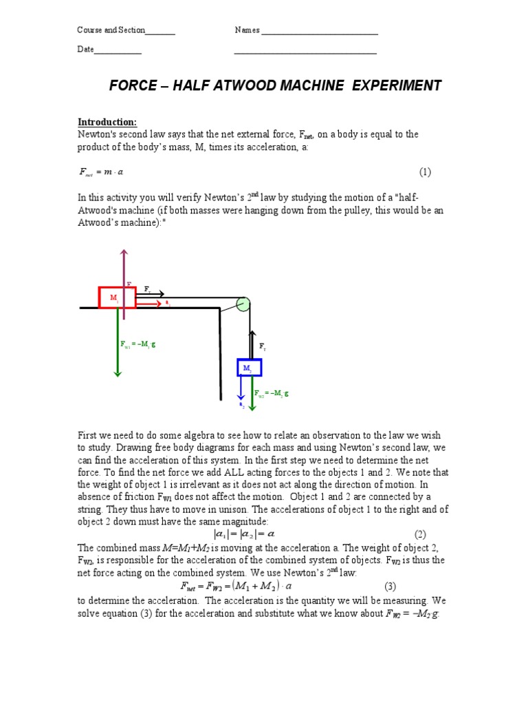 ForceHalf Atwood Machine LAB PDF Acceleration Force