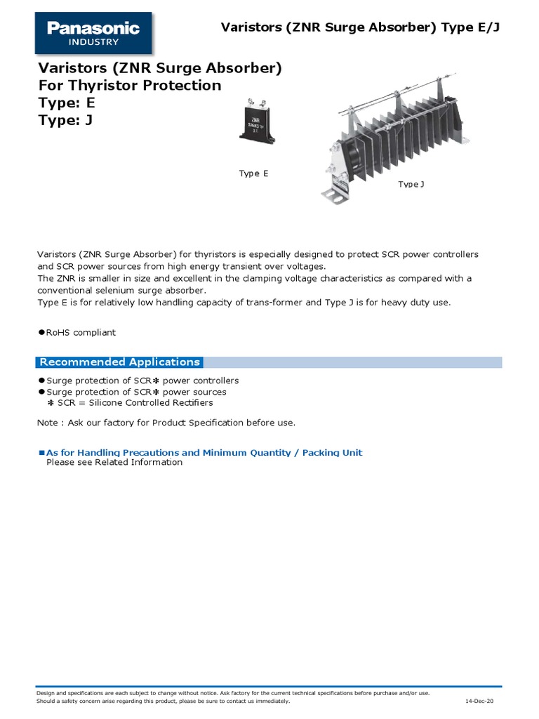 Varistors (ZNR Surge Absorber) For Thyristor Protection Type E Type J