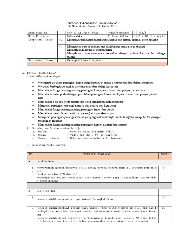 RPP Informatika Kelas 7 Semester 1 | PDF | Komputer