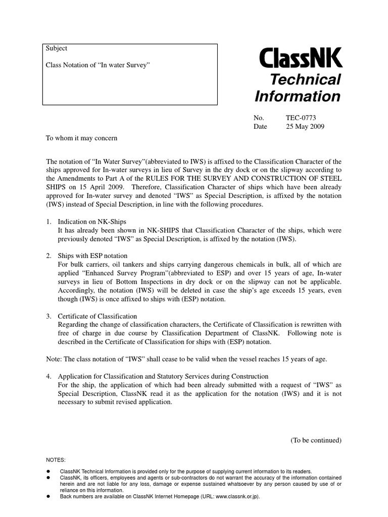 Class Notation of "In Water Survey" PDF Ships Water Transport