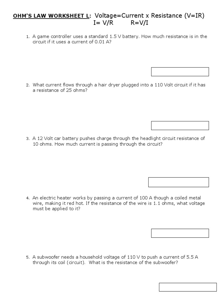 Ohm's Law Worksheet Calculating Voltage, Current, Resistance PDF
