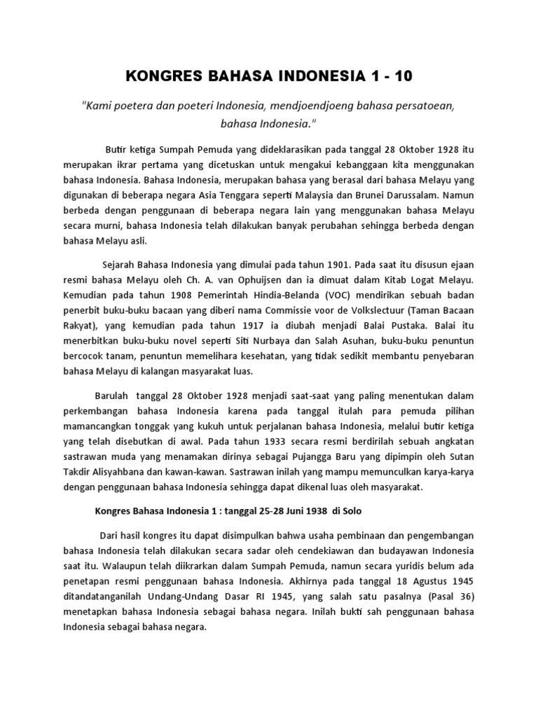 Kongres Bahasa Indonesia 1 - 10 | PDF