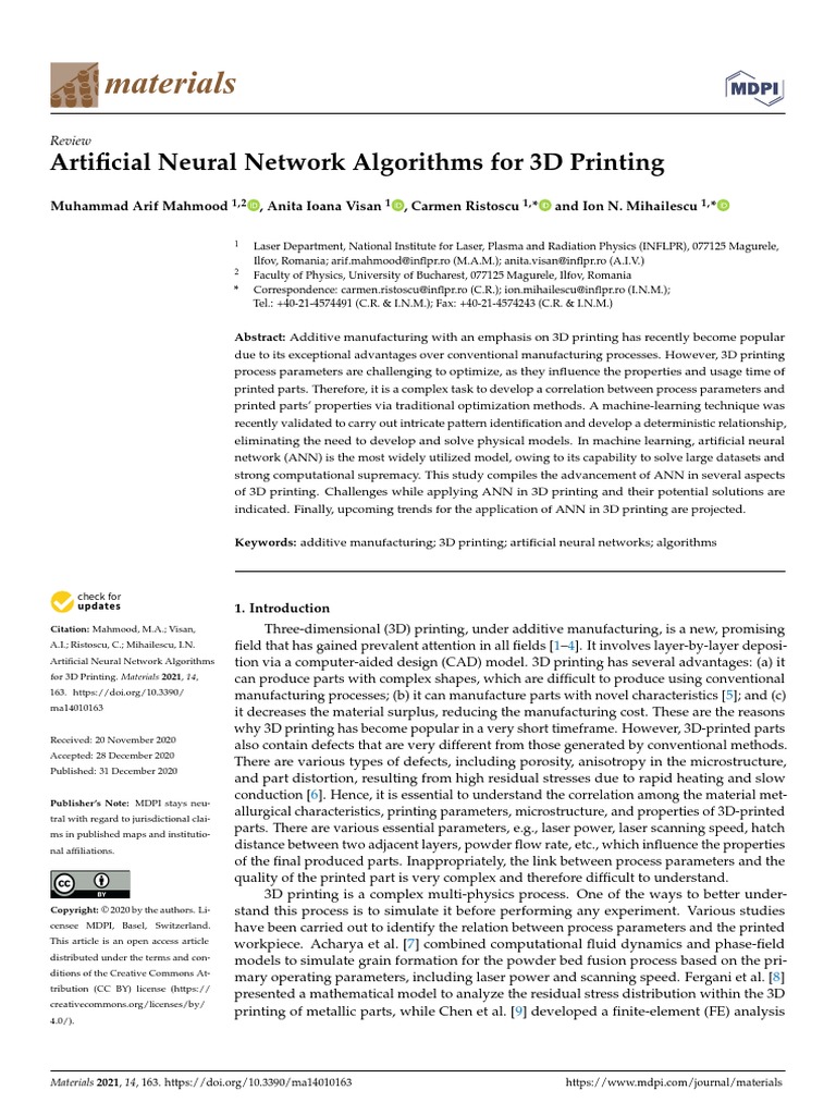 Materials: Artificial Neural Network Algorithms For 3D Printing | PDF ...