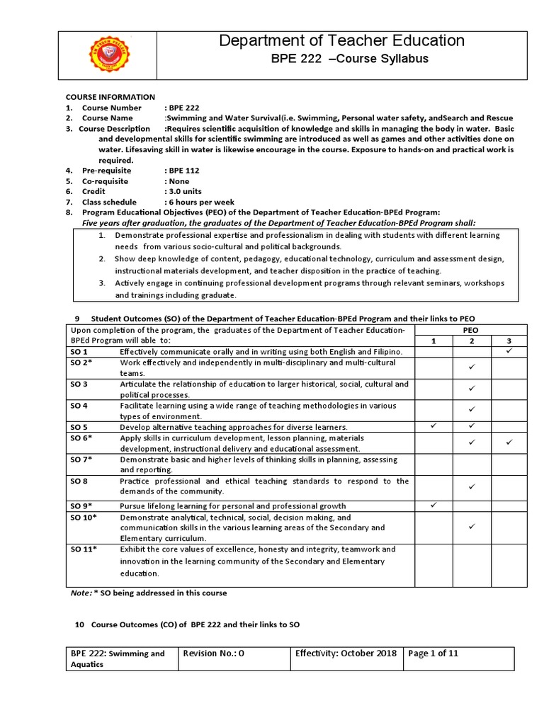 Bpe 222 Aquatics Revised Syllabus PDF Curriculum Educational
