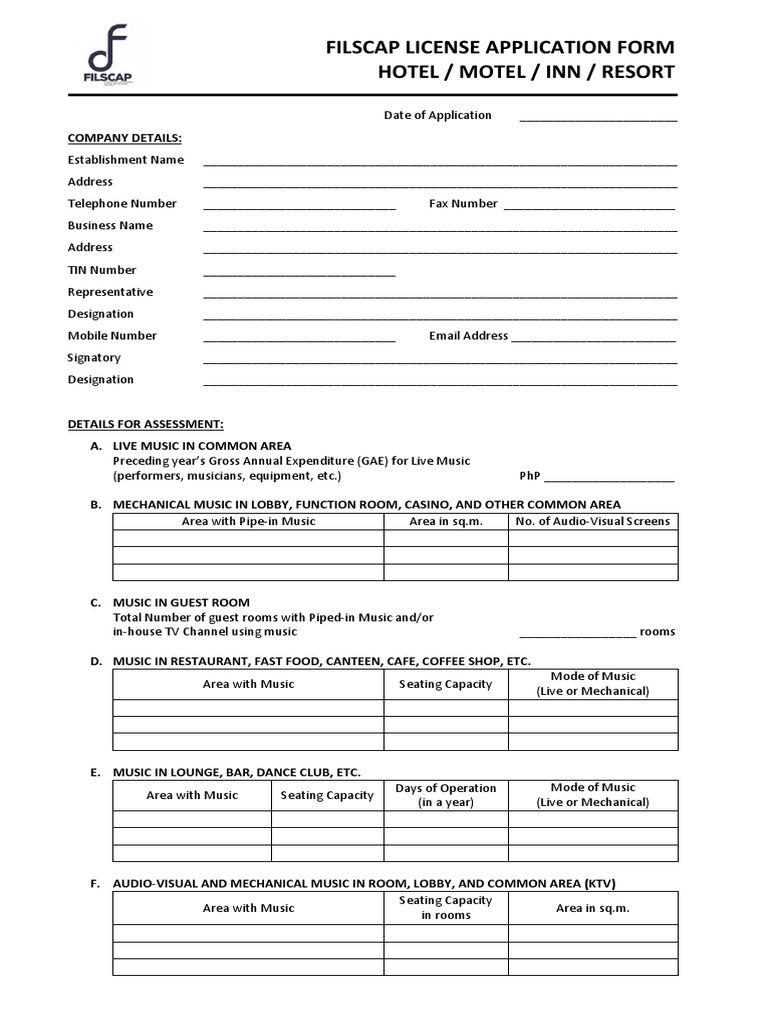 Application Form For Hotel Motel Inn Resort | PDF | Hotel And ...