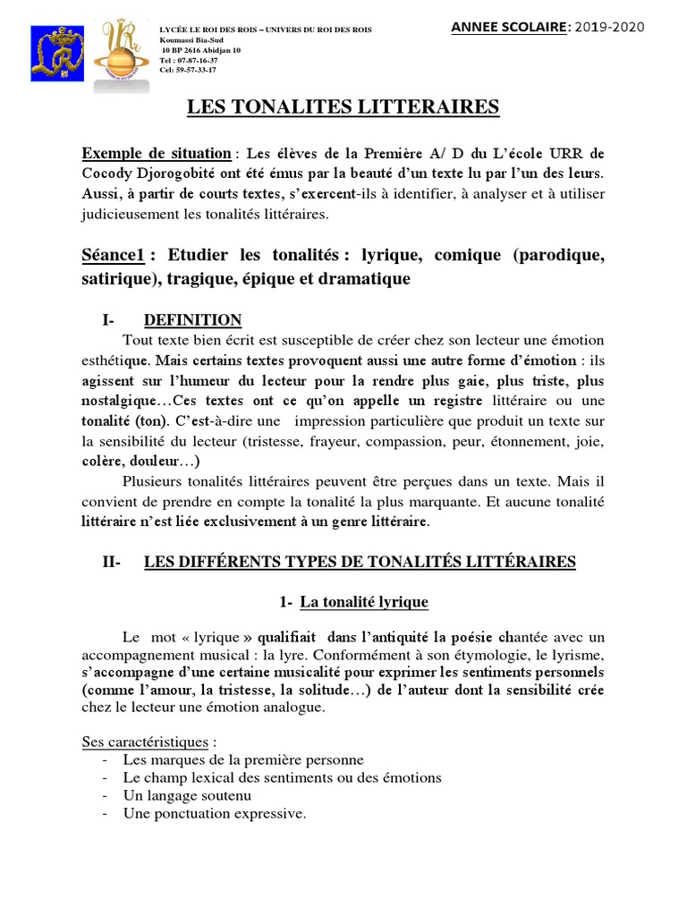 2 Les Tonalites Litteraires Pdf Poesie Epique Poesie