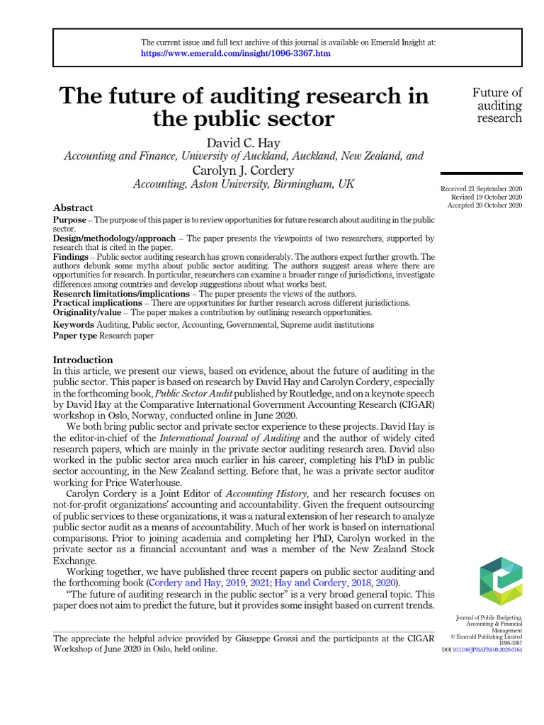The Future of Auditing Research in The Public Sector: David C. Hay ...