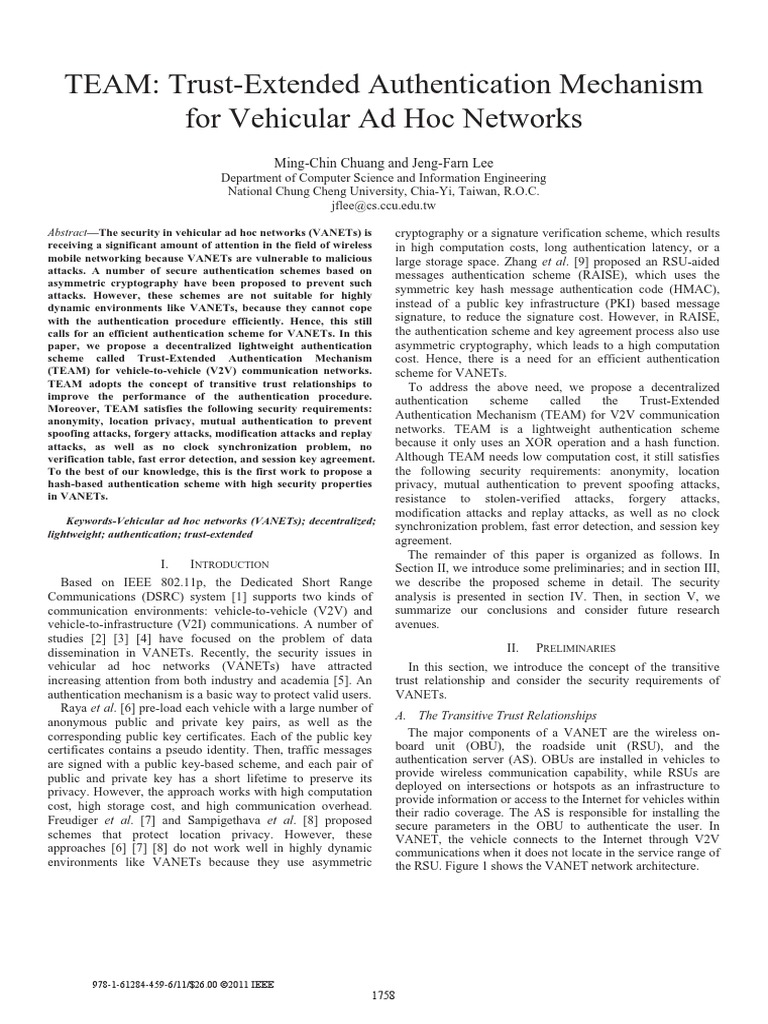 TEAM: Trust-Extended Authentication Mechanism For Vehicular Ad Hoc ...