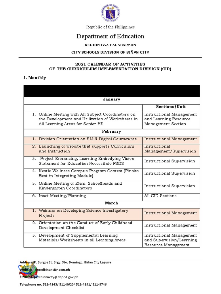 Cid Calendar of Activities Updated PDF Human Nature Learning