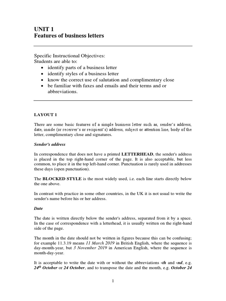 Business Letter Features Explained | PDF | Esquire | Business