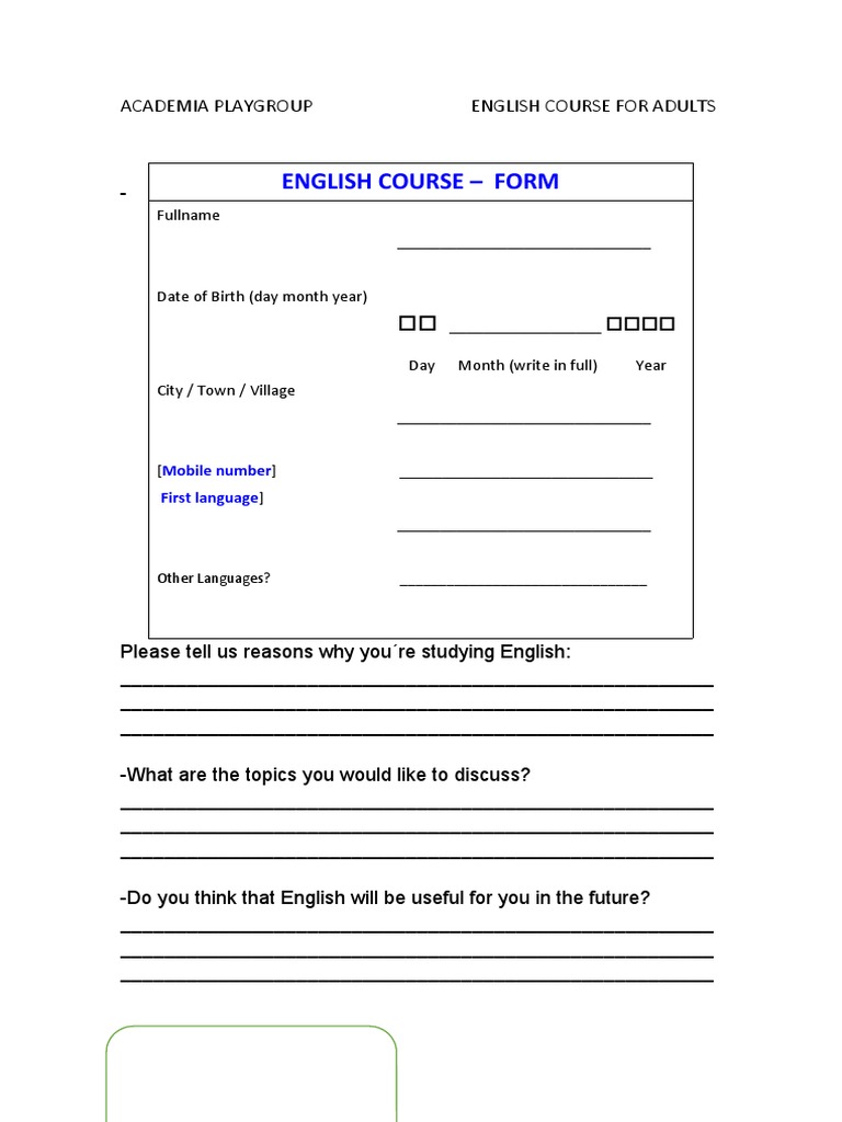 English Course - Form: Mobile Number First Language | PDF