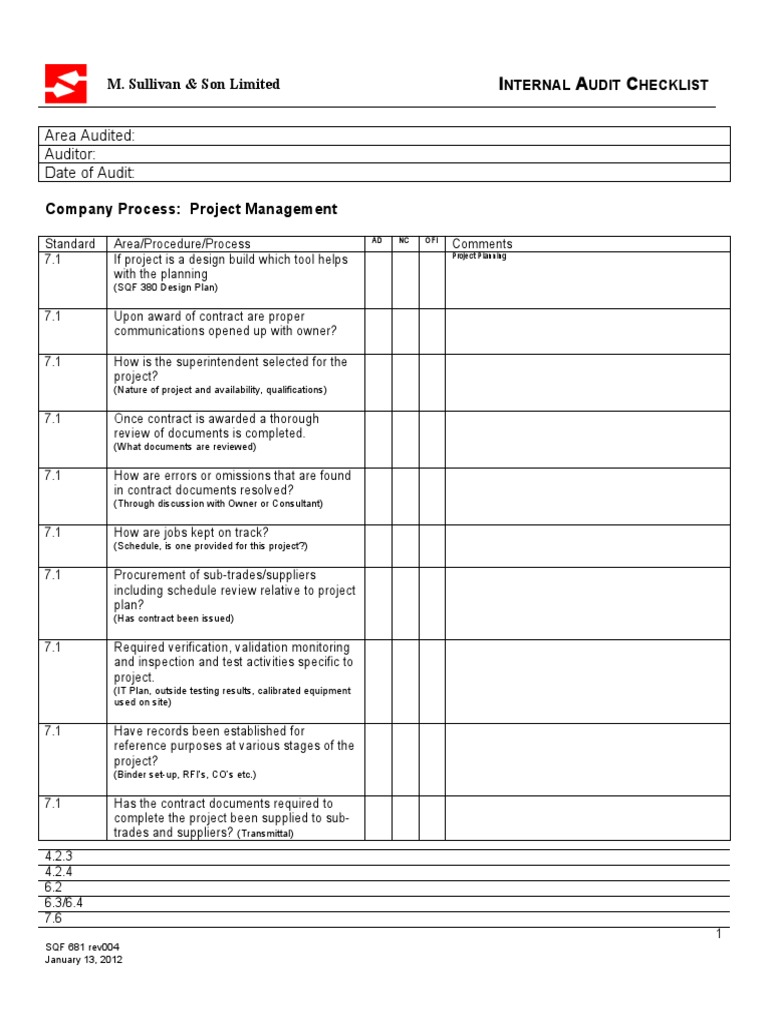 SQF Internal Audit Checklist for Projects | PDF | Verification And ...