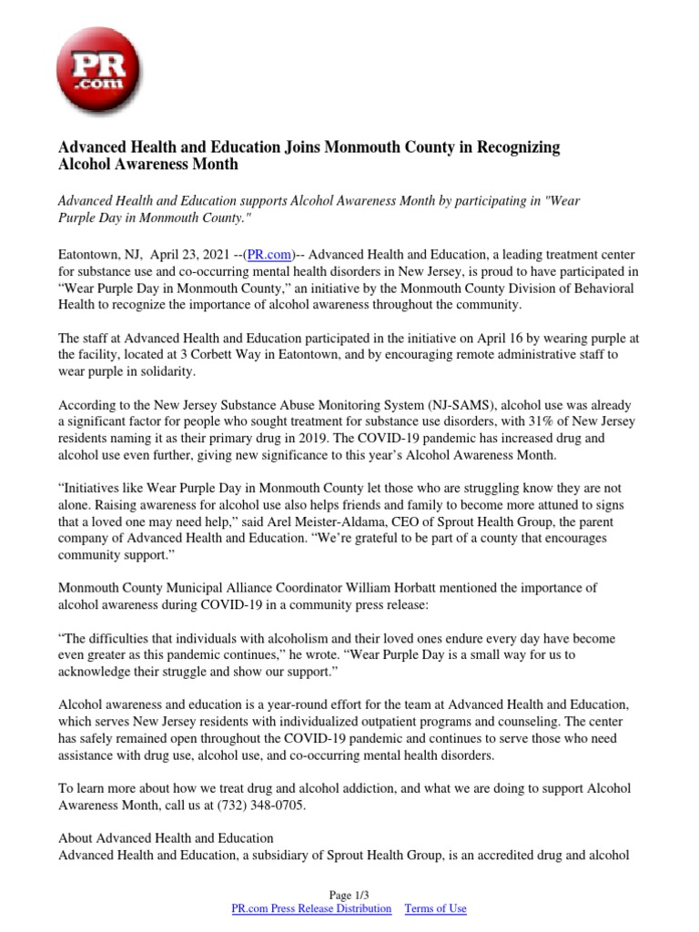 Advanced Health and Education Joins Monmouth County in Recognizing Alcohol Awareness Month PDF