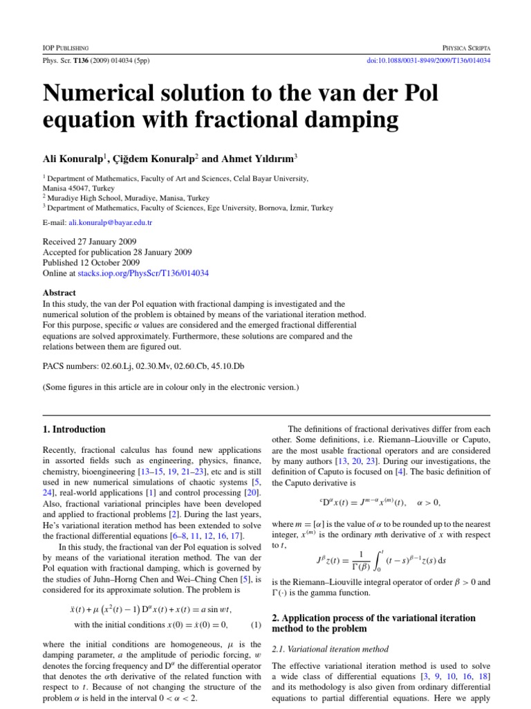 Numerical Solution To The Van Der Pol Equation With Fractional Damping ...