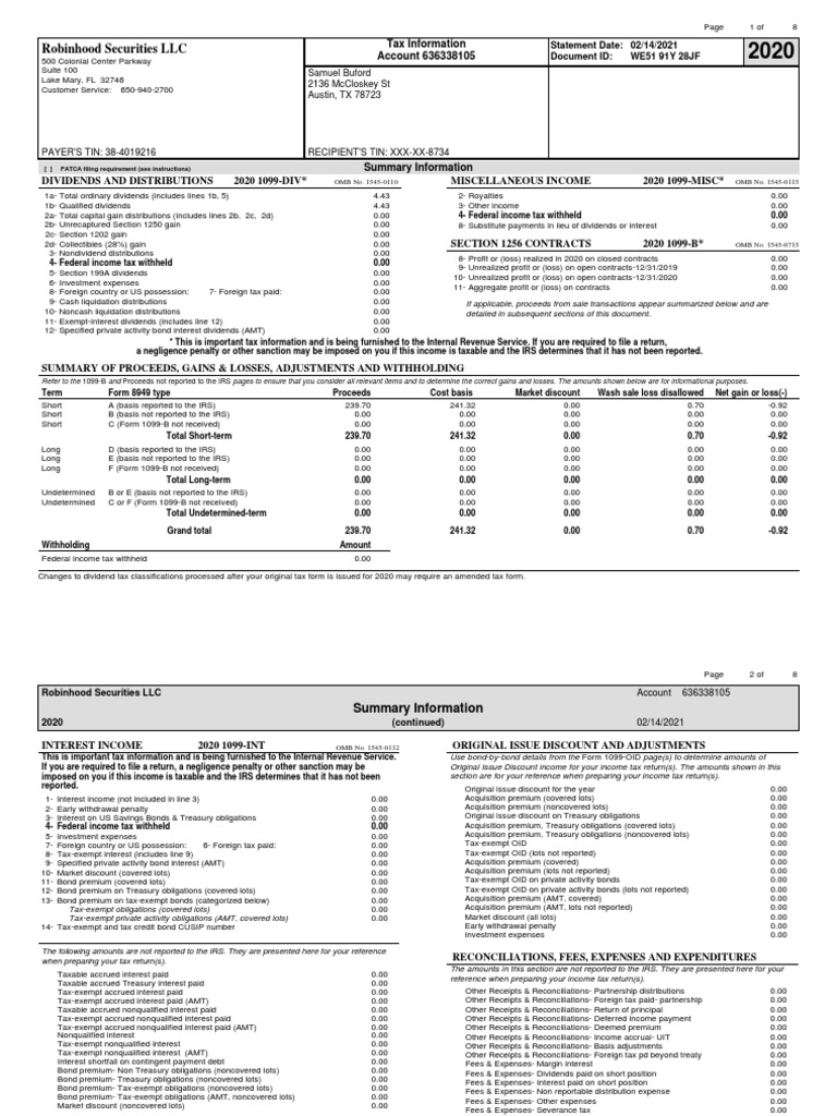 Robinhood Securities LLC: Tax Information Account 636338105 | PDF |  Withholding Tax | Income Tax In The United States