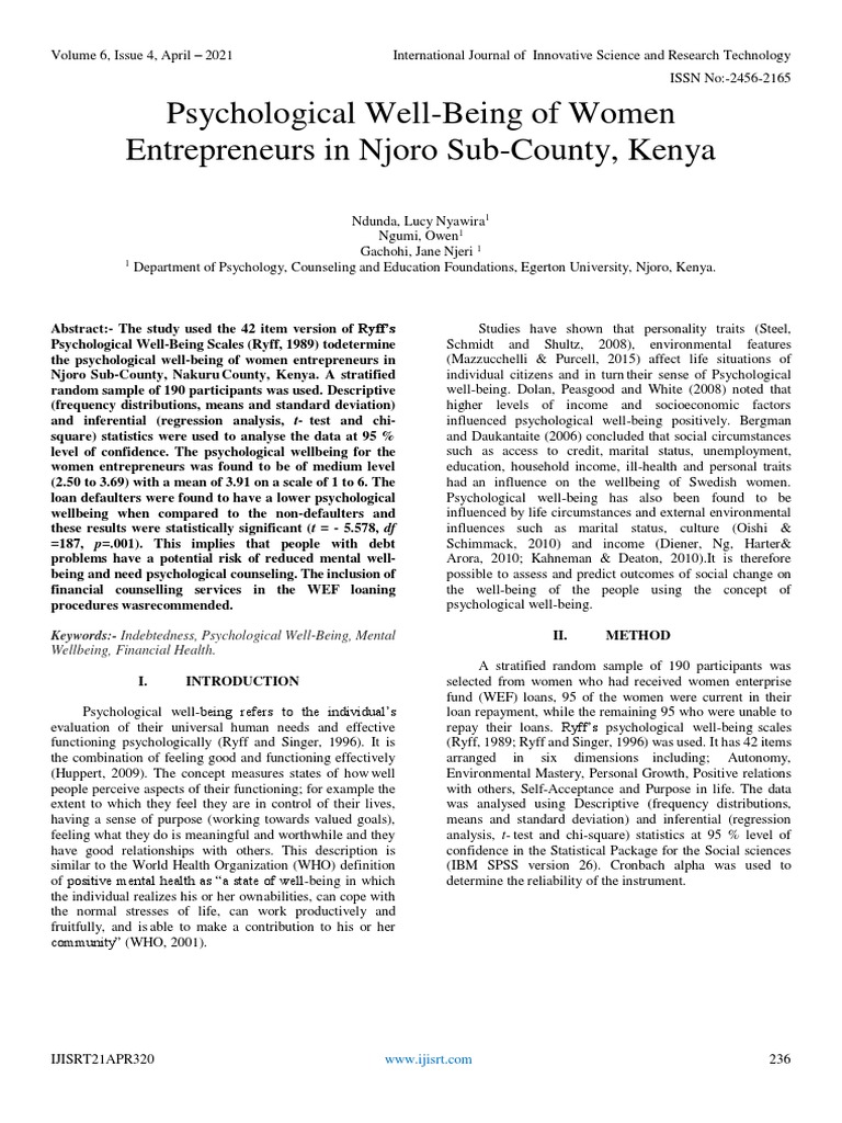 Psychological Well-Being of Women Entrepreneurs | PDF | Well Being ...