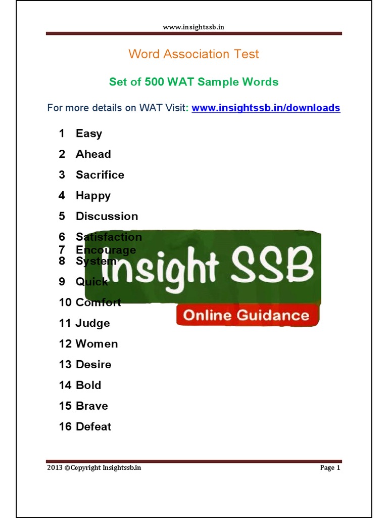 Word Association Test: Set of 500 WAT Sample Words | PDF