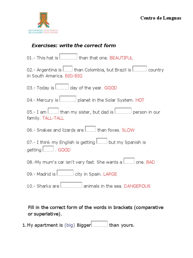 Exercise About Comparatives and Superlatives. PDF Nature