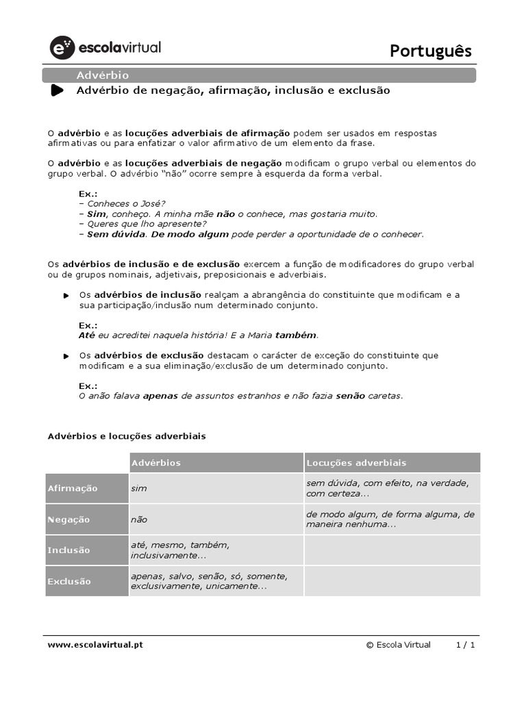 Advérbio de Negação, Afirmação, Inclusão e Exclusão | PDF