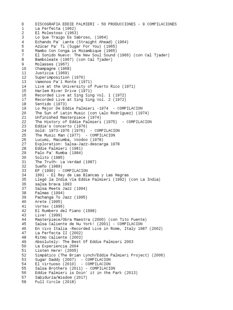 Discografia Eddie Palmieri - 50 Producciones - 9 Compilaciones | PDF ...