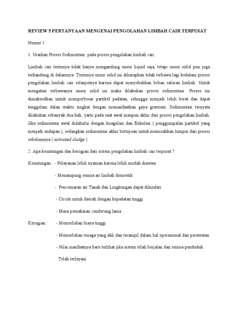 Review 5 Pertanyaan Mengenai Pengolahan Limbah Cair Terpusat