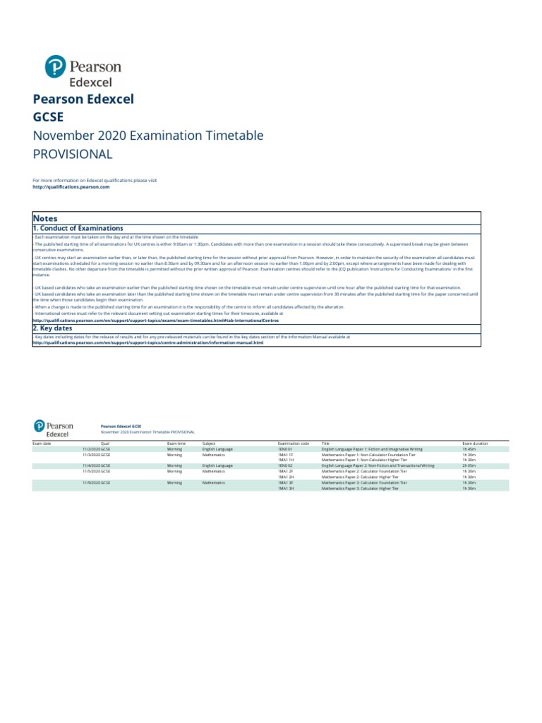 Pearson Edexcel Gcse November 2020 Examination Timetable Provisional