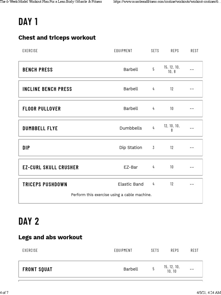6-Week Male Model Workout Plan | PDF | Recreation | Weight Training