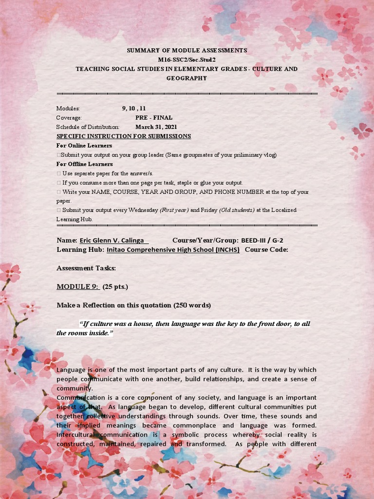 Summary of Module Assessments M16SSC2/Soc Stud2 Teaching Social