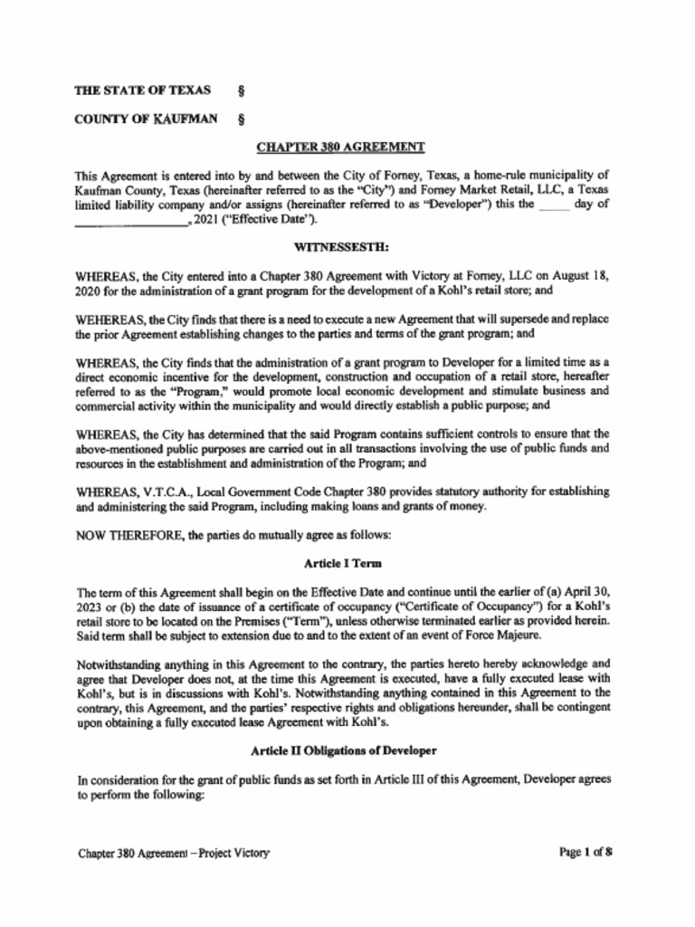 Chapter 380 Agreement Between Kohl's and City of Forney PDF