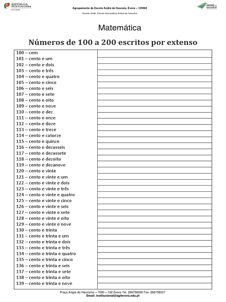 Números de 100 a 200 escritos por extenso para a disciplina de ...
