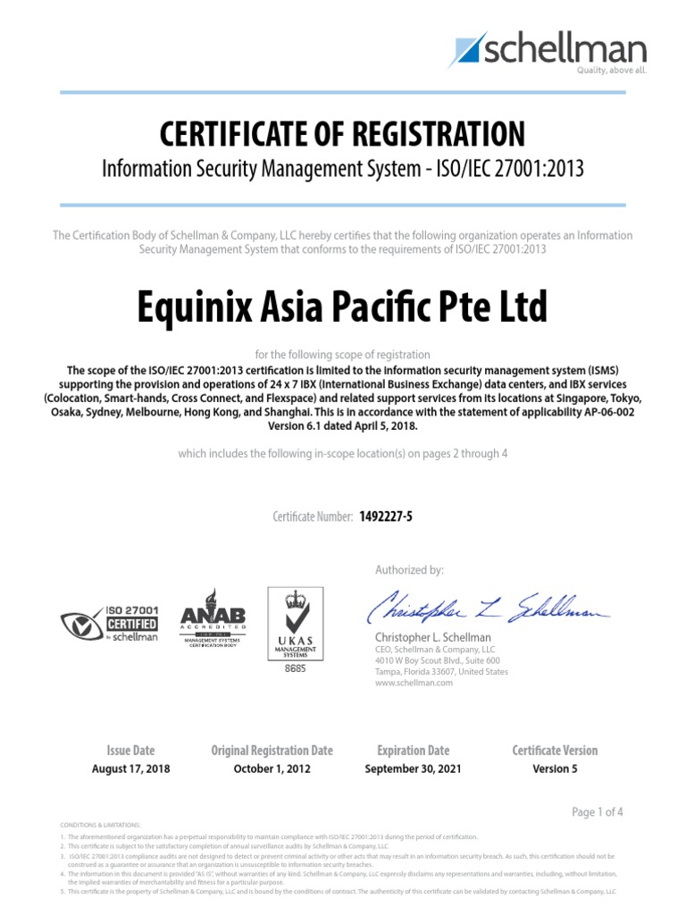 ISO-SGP1+Equinix+ (APAC) +-+2018 ISO+27001 Certificate+ | PDF | Implied ...