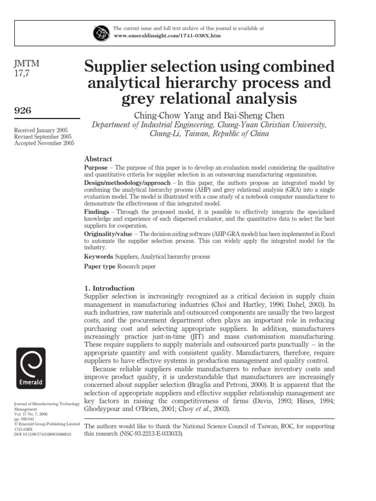 Supplier Selection | PDF | Mathematical Model | Qualitative Research