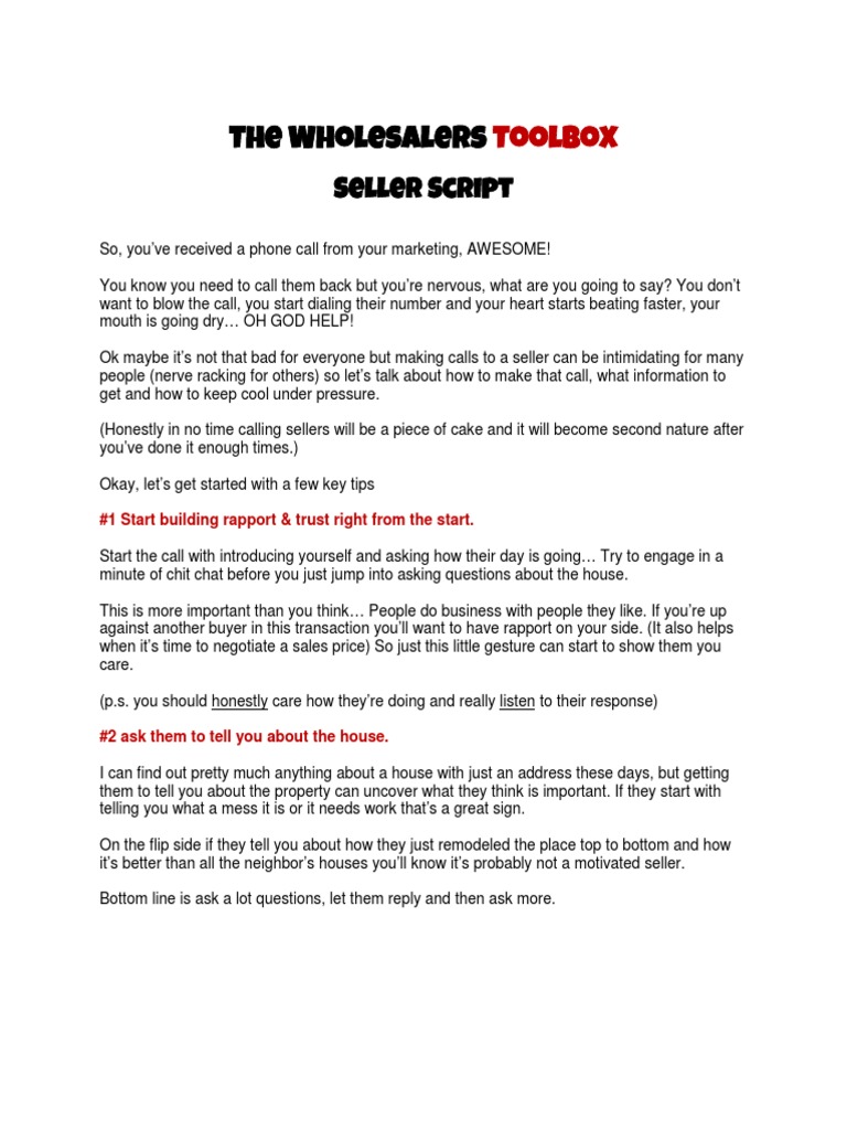 Motivated Seller Script The Wholesalers Toolbox PDF Business