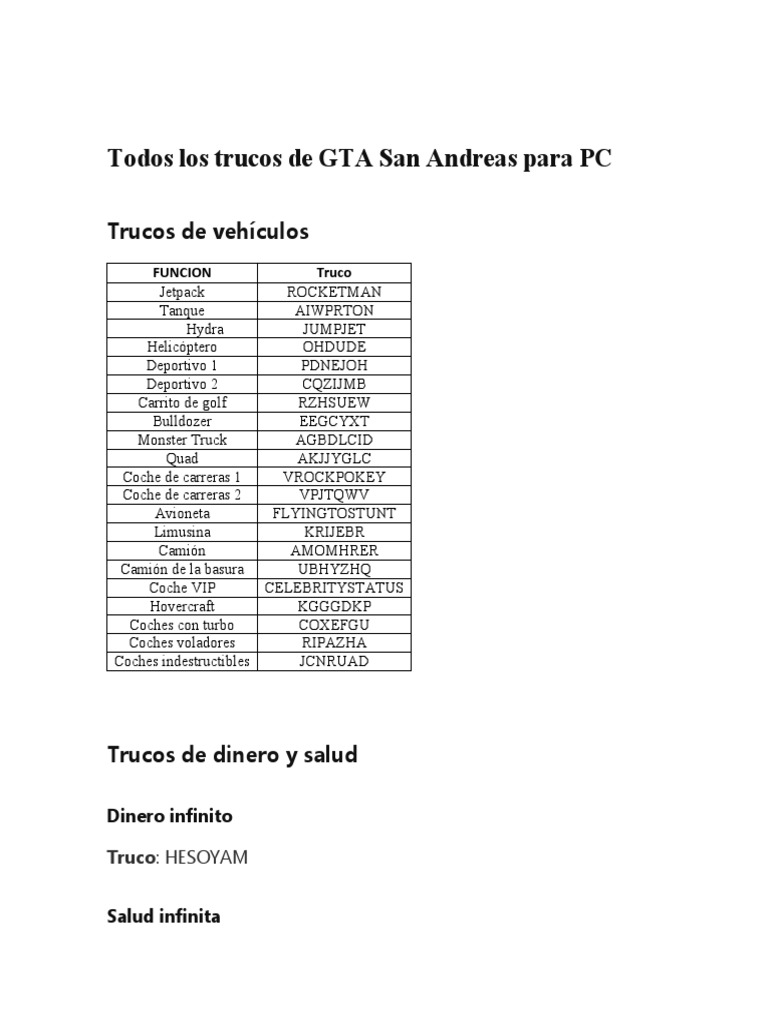 Todos Los Trucos de GTA San Andreas para PC PDF Vehículos Ocio