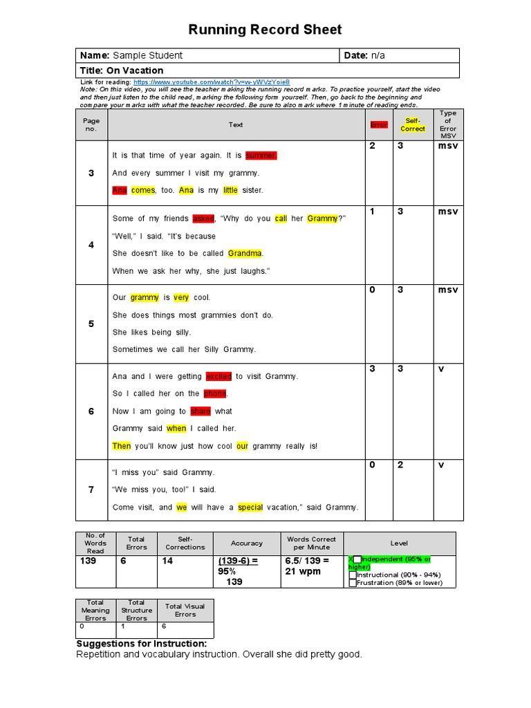 Running Record Assessment Example | PDF | Cognitive Science | Cognition