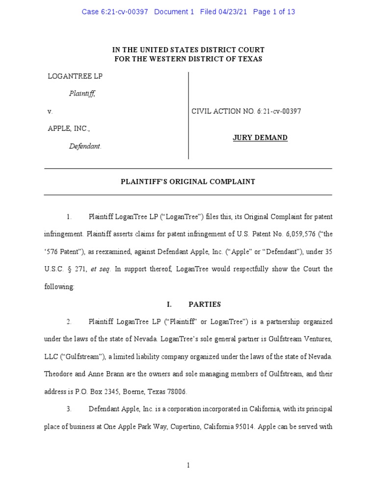 Logantree V Apple Reexamination United States District Court For The Eastern District Of Texas