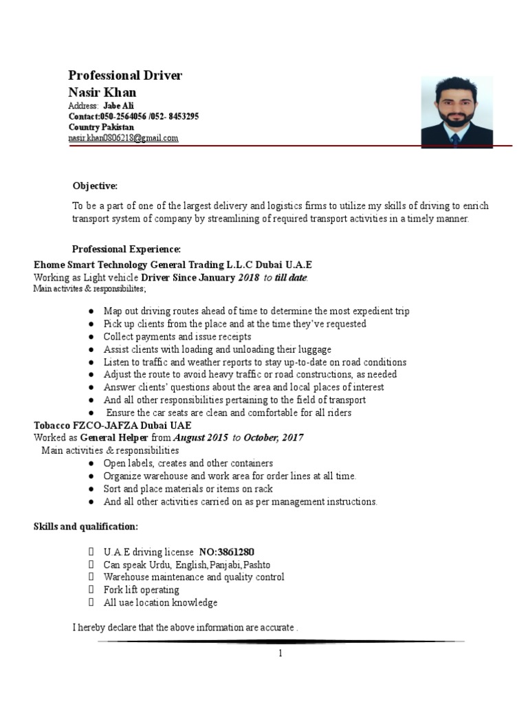 Professional Driver Nasir Khan: Objective | PDF | Business