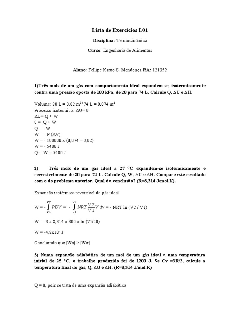 Exercícios de Termodinâmica 2784/4 | PDF | Calor | Temperatura