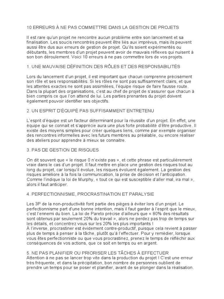 10 Erreurs à Éviter en Gestion de Projet | PDF | Gestion de projet | Risque