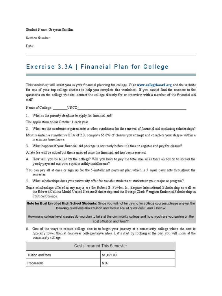 Exercise 3.3A - Financial Plan For College: Costs Incurred This ...
