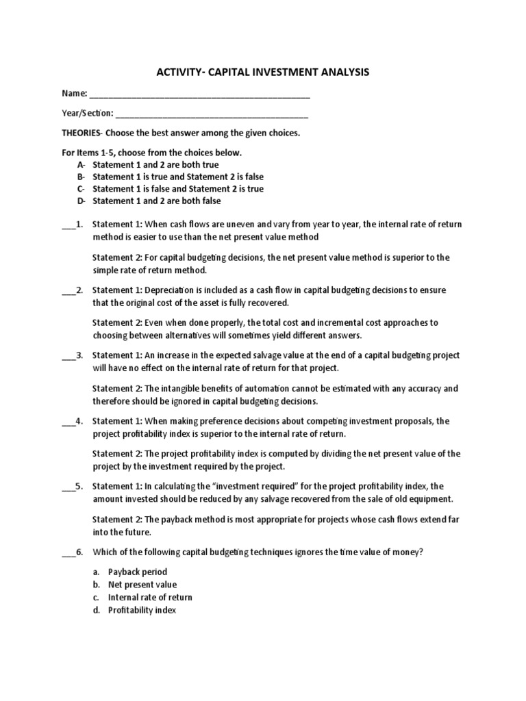 Capital Investment Analysis Quiz | PDF | Capital Budgeting | Net ...